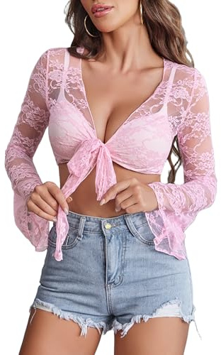 Avidlove Womens Crop Cardigan Lace Shrug Bell Sleeve Tie Front Y2K Bolero
