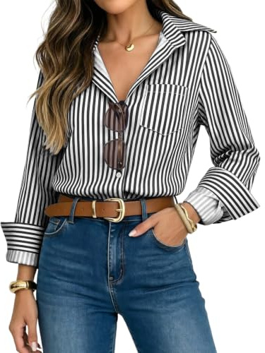 JFAN Camisas Mujer Manga Larga con Botones Blusa Elegante Rayas | Camisa Verano Mujer Informal,Cuello V,con Bolsillo,Cómoda,Versátil,Blusas Oficina Trabajo,Casual Tops para Otoño