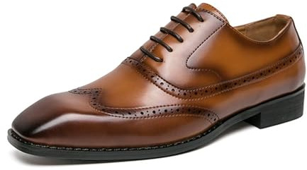 LMUIPMAA Zapatos de Vestir con Punta de ala Brogue para Hombre Negocios Formales con Cordones de Cuero Perforado Zapatos de Cuero Oxford,Marrón,43 EU