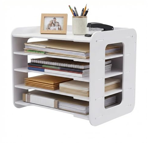 Stapelbar skrivbordsförvaring med 5 fack, dokumentfack A4 av PVC, utrymmesbesparande och robust, för kontor, hemmakontor och skola, vit