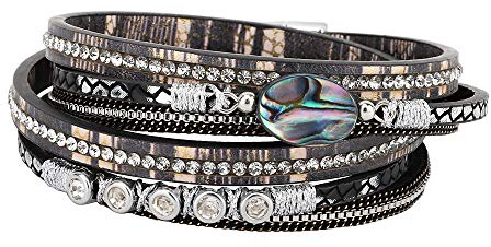 Emibele Layered Leather Bracelet, Bohemian Style Multilayer Wrap Bracelet with Abalone Element and Diamond for Women Ladies Adult - Black