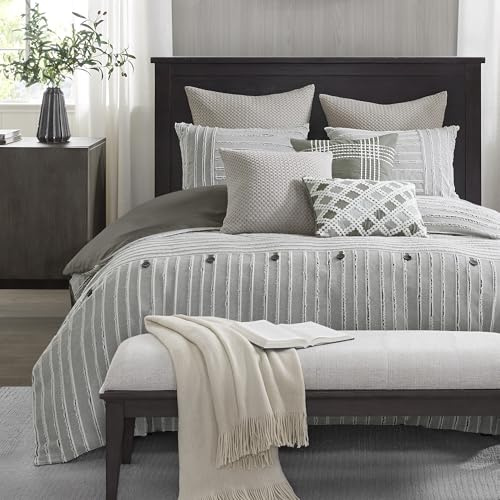 MADISON PARK SIGNATUR King Comforter-set, avtagbart 100% bomulls-påslakan, king size med insats, bondgårdssängkläder, texturerad rand klippt jacquard-accent, kung, grå 9 delar