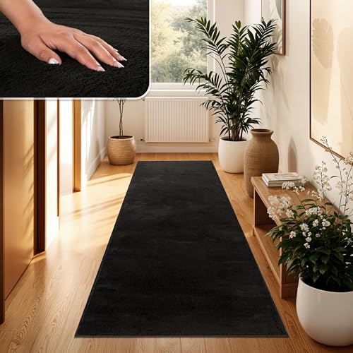 Paco Home Moderner Kuscheliger Wohnzimmer Teppich Kurzflor waschbar flauschig Weich Einfarbig Felloptik zeitlos stilvoll rutschfest pflegeleicht, Grösse:80x300 cm, Farbe:Schwarz
