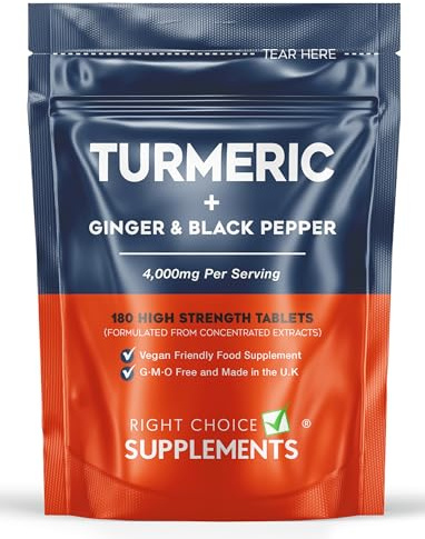 Turmeric Tablets 4000mg per Serving (2400mg Turmeric, 1400mg Ginger, 200 mg Black Pepper) | 180 High Strength Curcumin Tablet Supplements| Vegan and Gluten Free | UK Made