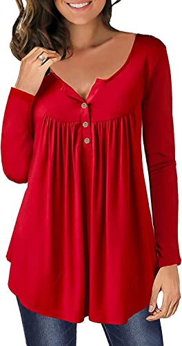 Rouge Tshirt Manche Longue Femme Tunique Haut Décontractés Amples Coton Chemise Chic et Élégant Blouse Vêtements 2026