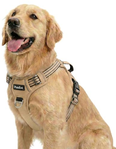Funfox Hundegeschirr Mittelgroße Hunde [L] - Verstellbares Anti-Zug Brustgeschirr mit Griff & Reflektorstreifen, Atmungsaktives No Pull Hundegeschirr für Grosse/Kleine Hunde Outdoor Braun