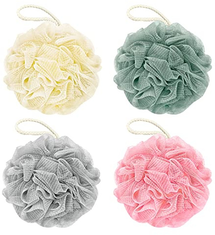 Awontar Bath Loofah Sponge, 60G Shower Loofah Exfoliating Body Scrubber Sponge, 4 Count Bath Mesh Pouf Ball for Women and Men (Light Color)