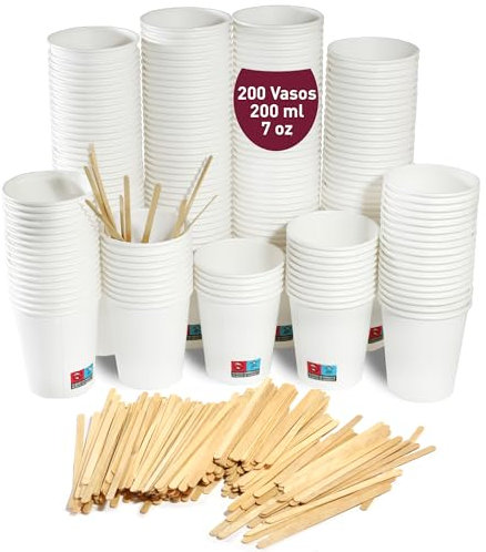 gobecups 200 Vasos de Cafe Desechables 200 ml / 7 oz de Papel Cartón Blanco con Paletinas de Madera, Vasos de cartón Ideales para Bebidas Calientes y Frías