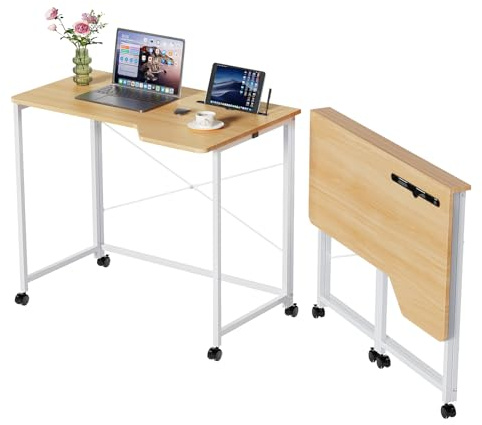 PIPIPOXER 90x56x75cm Scrivania Pieghevole con Ruote, Scrivania Computer con Slot per Schede, Scrivania da Ufficio per Studenti e Lavoratori, Tavolo da Scrivania Pieghevole,Struttura in Metallo,Legno