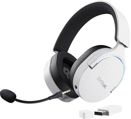Trust Gaming GXT 491W Fayzo Wireless Gaming Headset Bluetooth + 2.4 GHz Dual Connection, 7.1 Surround Sound, 22hr Battery, RGB Over Ear Wireless Headphones with Microphone PC PS5 PS4 Switch - White