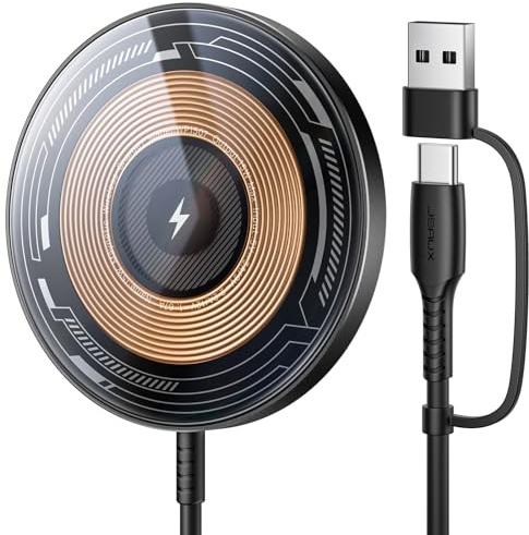 JSAUX Charger for iPhone 17 Magsafe Wireless Charging, Compatible with iPhone 17 Air Pro Max/16/15/14/13/12 Series, Magnetic Mag Safe Charging Pad, Aluminum Alloy, USB & USB C Dual Ports (Clear-Black)