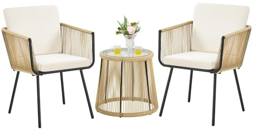 Yaheetech Conjunto de Muebles de Tejido con Cuerda de Jardín de Ratán 3 Piezas Juego de Muebles de Terraza Incluye 1 Mesa de Centro Redonda y 2 Sillas con Cojines Acolchados