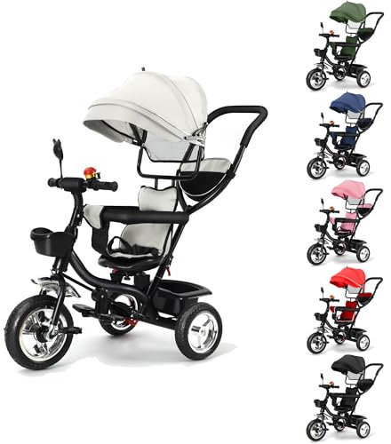 XUANYU 3in1 Kinderdreirad mit Schubstange Lenksystem Drehbarer Sitz Aufrüstbare Dreirad für Kinder Dreirad mit Sonnendach Buggy Fahrrad Vorwärts und Rückwärtsfahrt Jogger für Mädchen Jungen (Grau)