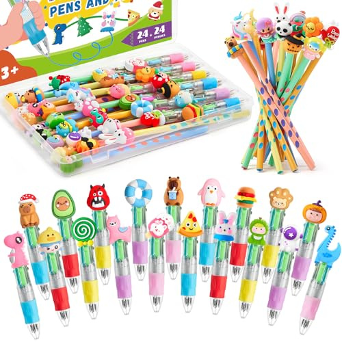 TicKiddos Gadget Compleanno, 48 Pezzi, 24 Penne Multicolore + 24 Matite Colorate, Regalo Festa Bambini