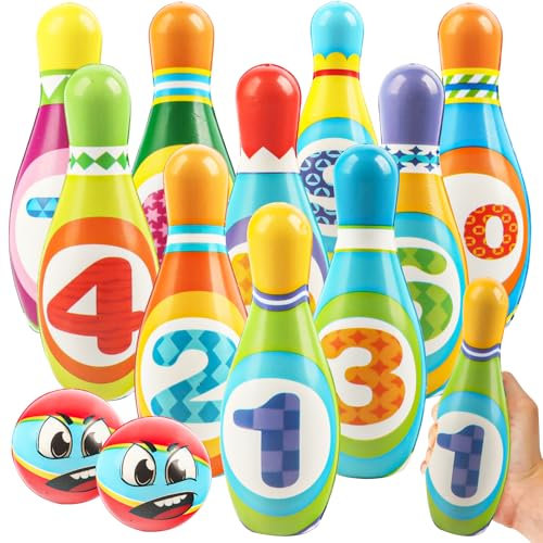 JWTRSVTY 12PCS Schaumstoff Kinder Bowling Set, Weichkörper Kinder Bowlingkugel, Kinder Zahl Kegelspiel,Kinder Kegelspiel,Mit Bowling+Bälle,Outdoor & Indoor Spielzeug für Kinder Ballspiele Ab 2-7 Jahre