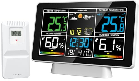 POFET Digital väderstation med utomhus/inomhussensor, MSF trådlös digital väckarklocka, barometer, temperatur, fuktighetsmonitor, väderprognos för trädgården