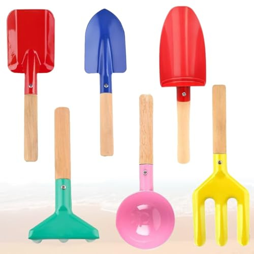 MEIDAYAI 8'' Kids Gardening Set, 6 Pcs Beach Toys, Kids Metal Sand Toys Sandbox Toys, Children Sand Toys Gardening Set with Sturdy Wooden Handle, Beach Shovels for Kid Ages 3-8