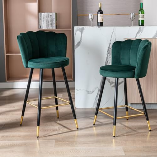 chairus Samt Barhocker 2er Set, Tresenhocker Barstühle Mit Blütenblatt Rückenlehne Bistrohocker mit Fußstütze, Hocker für Küche/Hausbar,Grün