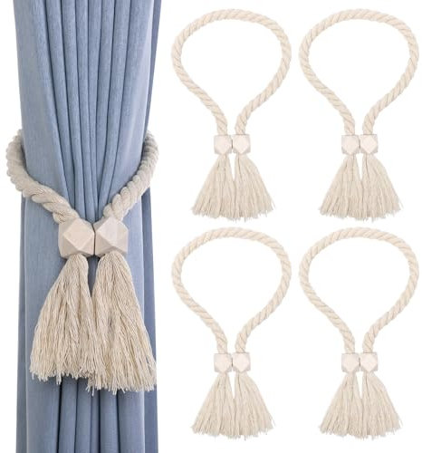 Xialvyu 4 STK Vorhang Raffhalter, Magnetisch Raffhalter für Gardinen, Makramee Boho Deko Gardinenraffer, Gardinenband für Home-Office-Vorhänge