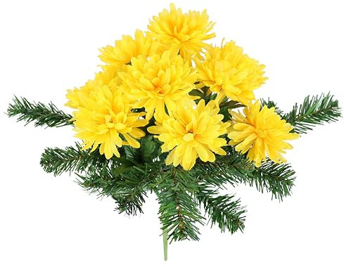 Faucet Bouquet con crisantemi artificiali e rami abeti, disposizione dei fiori artificiali, bouquet, fiore, decorazione della tavola, disposizione, decorazione tomba, decorazione tomba, disposizione
