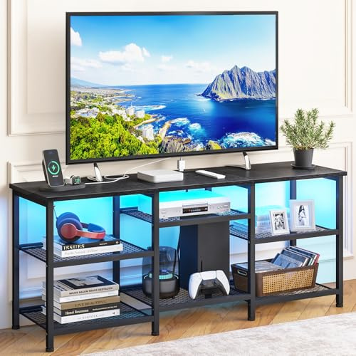 YGEOMER Entertainment Center for TVs Up to 55 Inch, Entertainment Stand with Power Outlet and LED Lights Open Storage Shelves, TV Console Table for Living Room and Bedroom, Black