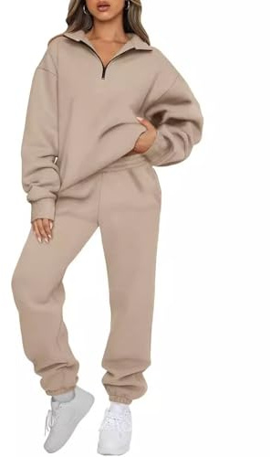 JFAN Conjunto Chandal Mujer 2 Piezas Traje Top Manga Larga con Media Cremallera Conjunto Chandal Pantalones Deportivos Casuales Sudadera Café Claro L