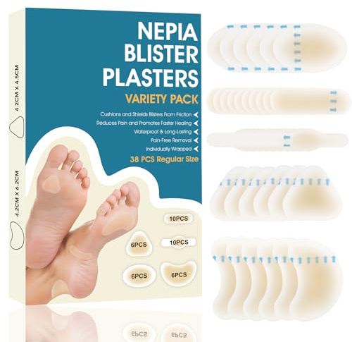 Nepia Blister Bandages Hydrocolloid | 38 Ct 5 Regular Sizes | Waterproof & Stays on All Day | Prevents & Recover Blisters on Feet, Toe, Heel with Pain Relief