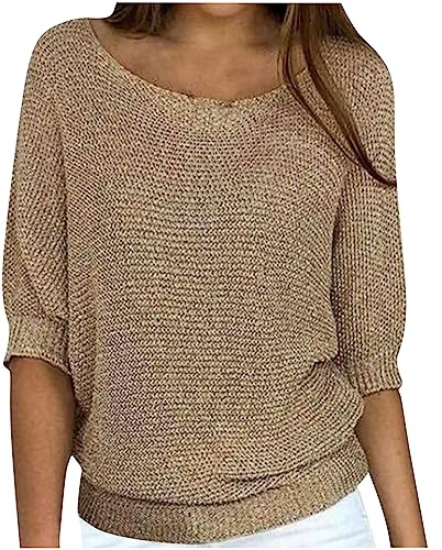 Women's Smart Three-Quarter Sleeve Jumpers Solid Colour Crew Neck Knit Pullover Tops Autumn Knitted Jumpers for Women UK Casual Sweaters Cosy Loose Knitwear Khaki