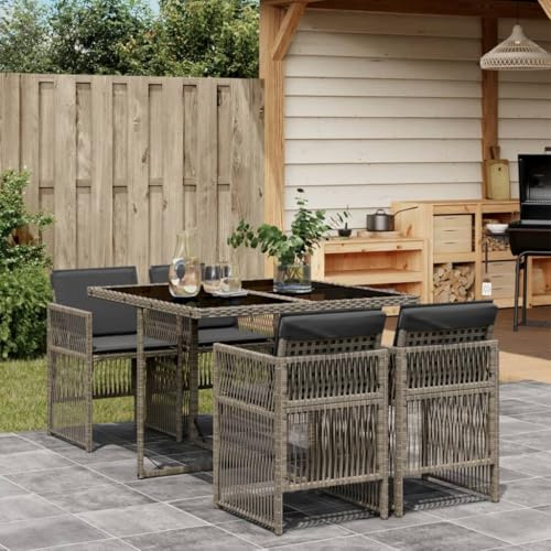 Conjunto de muebles de jardín de 5 piezas, conjunto de comedor en gris, mesa de comedor con 6 sillas, banco de esquina, patio al aire libre hechos de ratán sintético con cojines para jardín y terraza