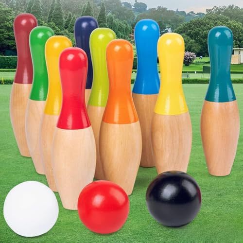 RASTKY Set da Gioco da Bowling in Legno per Bambini e Adulti, per Interni Ed Esterni, con 10 Birilli e 3 Palline, Gioco Portatile con Birilli in Legno per Lo Sviluppo delle capacità Motorie e