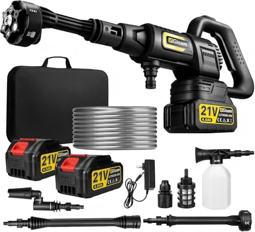 highsam Pressure Washer - Limpiador de alta presión con 3 velocidades (65 bar, con 2 pilas de 4,0 Ah, boquilla giratoria de 180°, pulverizador de espuma, manguera de 5 m, riego de limpieza)