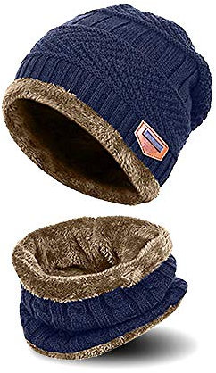 AYAMAYA Kinder Mütze Beanie und Schal Set - (5-14 Jahre) Warme Wintermütze Strickmütze Beanie für Jungen Mädchen, Fleecefutter (Blau)