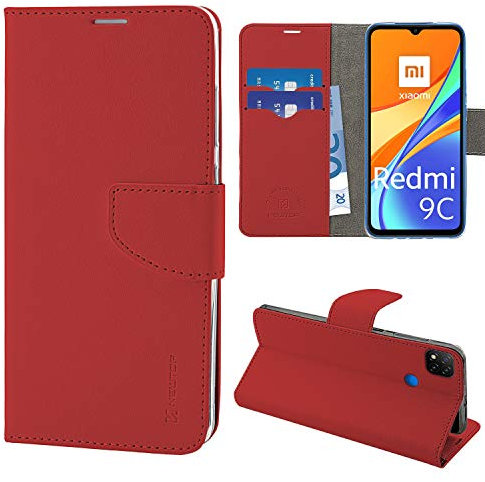 N NEWTOP Cover Compatibile per Xiaomi Redmi 9C, HQ Lateral Custodia Libro Flip Chiusura Magnetica Portafoglio Simil Pelle Stand (Rosso)