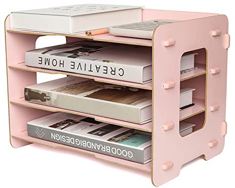 EXERZ 4 Tier Wooden Letter Tray Desk Organiser A4 – Desktop Paper Tray & Document File Organiser for Office, Home & School – Easy Assembly MDF Desk Storage Rack (Light Pink)