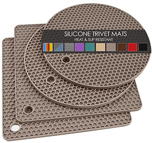 Silicone Trivets for Hot Dishes, 4 PCS Multipurpose Heat Resistant Mat Thick Silicone Hot Pads Pot Holders for Kitchen Counter, Flexible Jar Opener Food Grade Spoon Holder, Silicone Coasters (Almond)