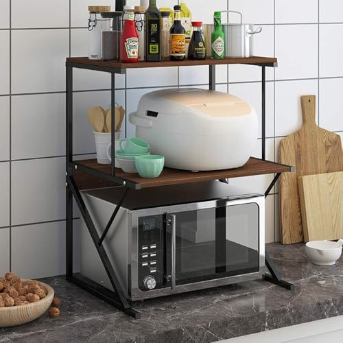 Menaka 3 Tiers Microwave Oven Shelf Stand Kitchen Unit Spice Storage Rack for Countertop, Home Office Desktop Printer Shelving Rack Free Standing Metal Frame with Wood Tabletop