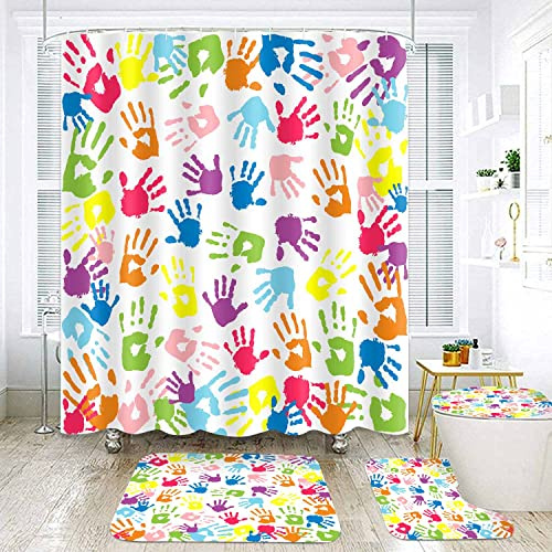 NTETSN 4 PCS Watercolor Shower Curtain, Handprint in Rainbow Color Bathroom Curtain Sets for Kids,Non-Slip Rugs, Toilet Lid Cover, Bath Mat Curtain 72x72 Inch SETYYNT4