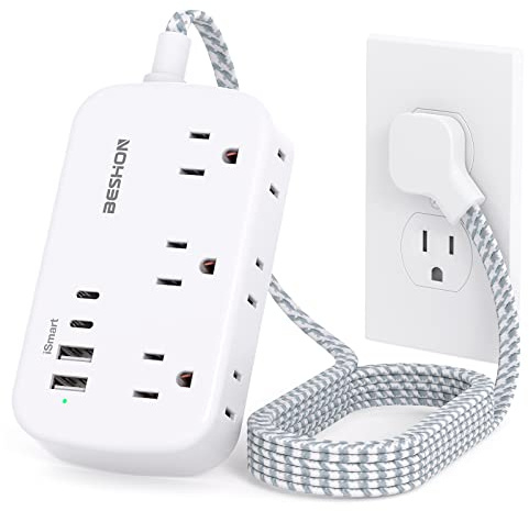 Flat Extension Cord, BESHON 5FT Flat Plug Power Strip with USB C, 6 Outlets 4 USB Port(2 USB C), No Surge Protector, Cruise Ship, Dorm Room Travel Essentials