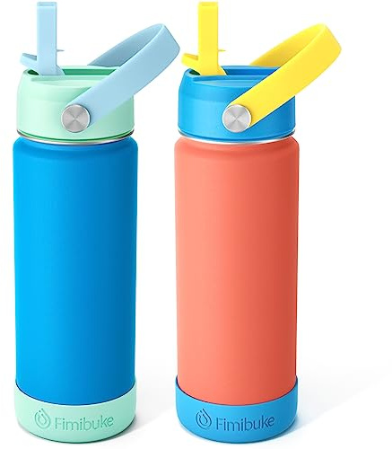 Fimibuke Kids Insulated Water Bottle, 18oz BPA FREE Kids Cups with Straw Double Wall Vacuum Tumbler 18/8 Stainless Steel Leak Proof Toddler Water Bottle for School Boys Girls (2 Pack, Ocean Life)