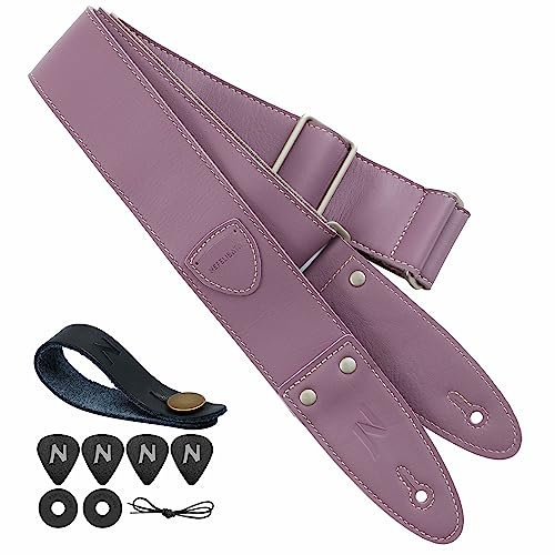 Nefelibata Gitarrengurt, 2 Full Grain Leder Gitarrengurte mit Pick Tasche für Bass, Elektro-und Akustik-Gitarre, kommen mit Plektren, Gurt-Taste und Gurtschlösser (Charming lila)