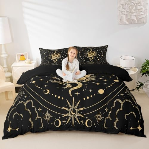 Boho Snake Printed Duvet Cover Set King Size,Sun and Moon Comforter Cover 3Pcs,Starry Sky Galaxy Cloud Bedding Set for Kids Boys Girls Woman Bedroom Decor Gothic Black Gold Quilt Cover,2 Pillowcases