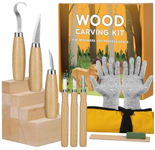 Strumenti Per Intaglio Del Legno, Kit Intaglio Legno 18 in 1, Include 8 Strumenti per Intagliare il Legno, 6 Coltelli da Intaglio, Guanti Resistenti al Taglio, per Adulti, Bambini, Principianti
