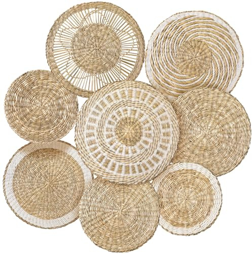Xuhal Set of 8 Hanging Woven Wall Basket Handmade Decorative Rustic Boho Basket Decor Handcrafted Wicker Round Seagrass Wall Art for Home Kitchen Farmhouse Table Living Room