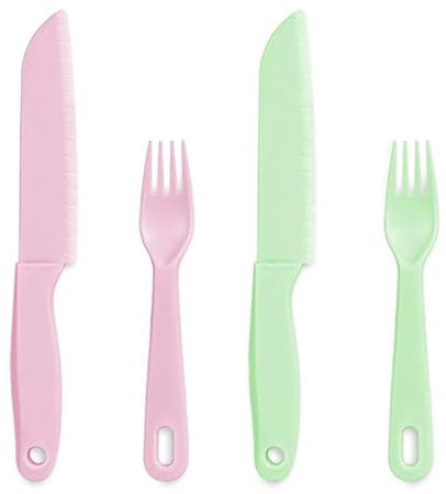 WXNPA Set di 4 coltelli da cucina per bambini, Set di coltelli e forchette in plastica per bambini,per Pane Torta Frutta Verdure Insalata, per 2-6 anni Bambini