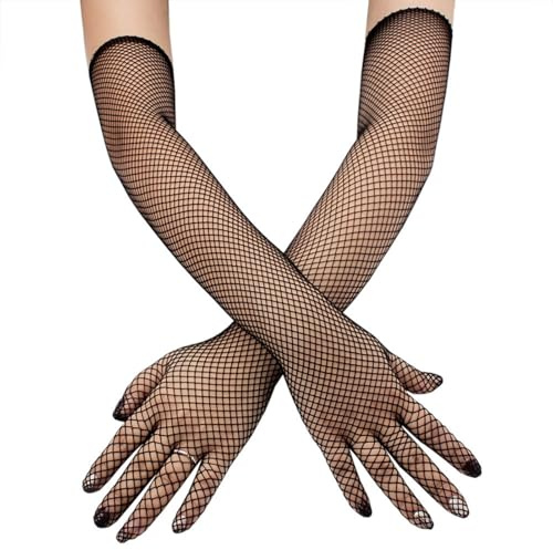Gants Longs en Résille Femme Gants en Filets Gants d'opéra Vintage des 1920s Gants de Fête de Thé Accessoires de Costume pour Mariage Mariée, Soirée Opéra, Carnaval, Soirée Déguisée (Noir, 50cm)