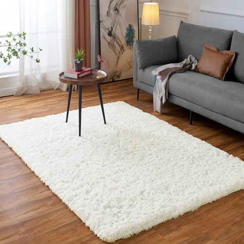 Ceneco Rugs for Bedroom,Cream Rugs Living Room,Fluffy Soft Rug,Machine Washable Non Slip Bedside Carpet,Square Thick Lounge Carpet(Cream, 90x160 cm)