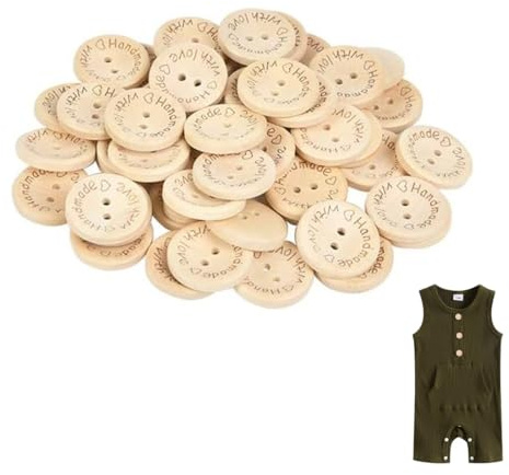 OUDQFCJ 50 Stück 20mm Handmade Knöpfe Holz „Handmade with love“ Holzknopf Runde Form Holzknöpfe zum Nähen und Basteln von Dekorationen