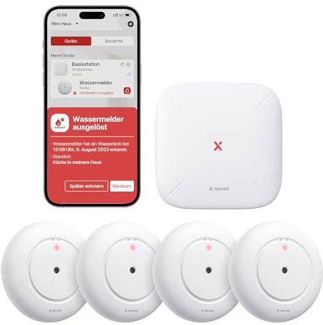 X-Sense Smart Wassermelder, WLAN Wassersensor, kompakter Überschwemmungssensor mit Einstellbarer Lautstärke von bis zu 110 dB sowie 500 m Reichweite, für Küchen, Keller und Badezimmer, SWS55