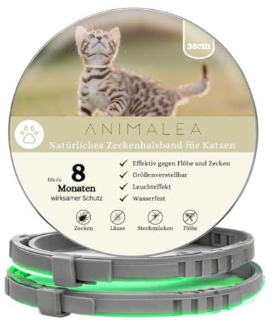 Animalea® NEU Zeckenhalsband für Katzen (2 Stück) - Länge 38cm - wirksamer Schutz gegen Zecken und Flöhe - wasserfest und Leuchtend bis zu 8 Monaten Zeckenschutz mit 100% natürlichen Inhaltsstoffen