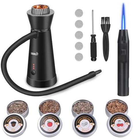 BORUiT SK301B Affumicatori con Accendino (senza butano), Smoke Gun per Affumicatore in Lega di Alluminio con 4 Pacchetti di Trucioli di Legno, per Cucina, Carne, Cocktail, Barbecue